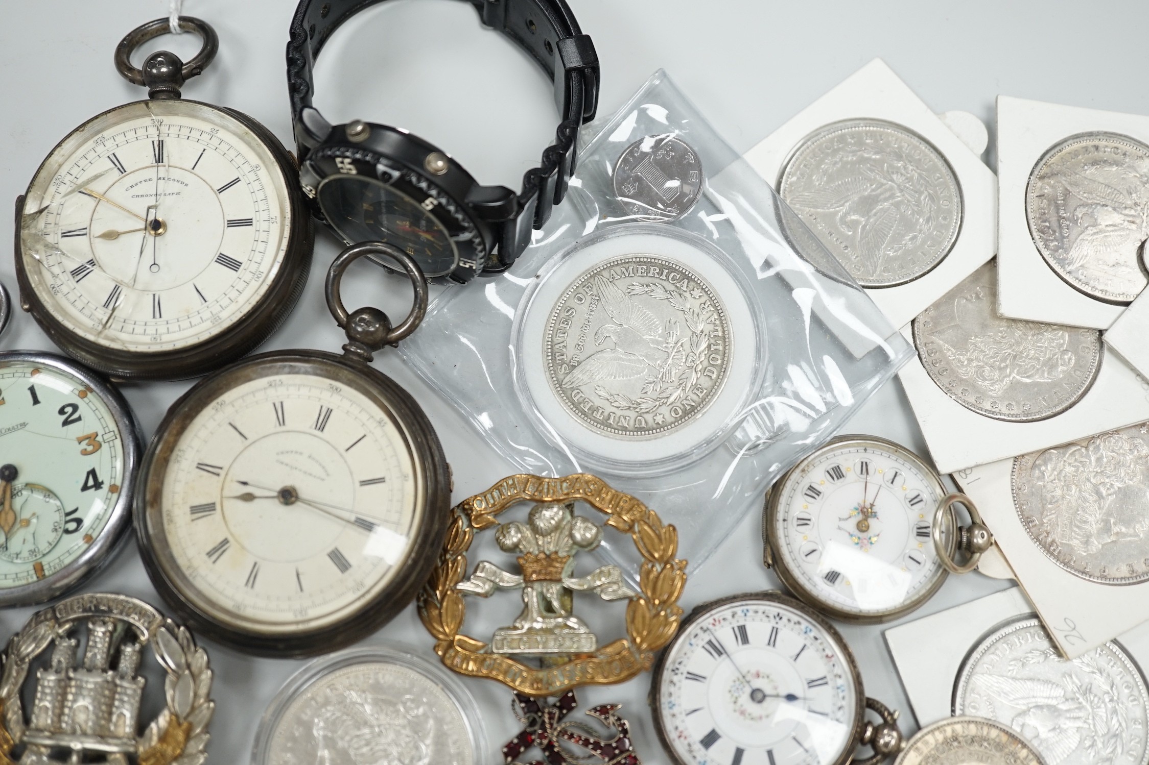 Assorted collectable items, including two silver open faced chronograph pocket watch, a chrome cased military Jaeger LeCoultre pocket watch, two wrist watches, two fob watches, assorted coins including US dollars, cap ba